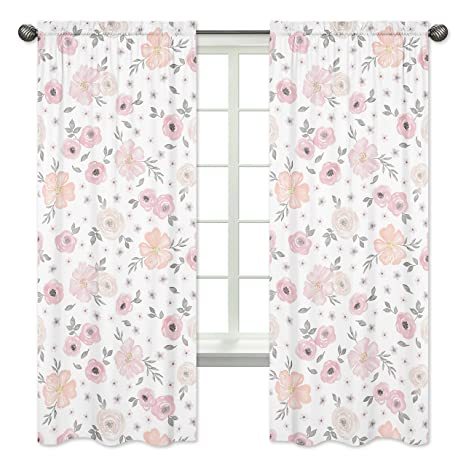 Blush Pink, Grey and White Window Treatment Panels Curtains for Watercolor Floral Collection by Sweet Jojo Designs - Set of 2
