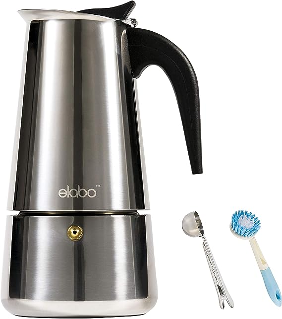 elabo Stovetop Espreeso Machine and Moka Pot for Gas or Electric Ceramic Stovetop, Italian Espresso Coffee Shot Maker for Italian Espresso, Cappuccino and Latte, Stainless Steel, 10 Cups