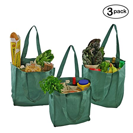 Simple Ecology Organic Cotton Deluxe Reusable Grocery Bag with Bottle Sleeves - Green (3 Pack)