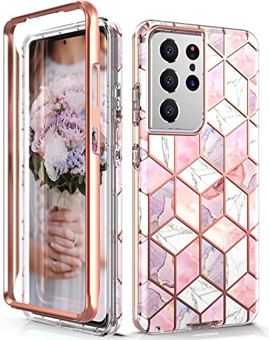 Hasaky Case for Samsung Galaxy S21 Ultra Case 5G 6.8 Inch,Dual Layer Hybrid Bumper Cute Women Marble Design Soft TPU Hard Back Heavy Duty Anti-Scratch Shockproof Protective Phone Case -Pink/Rose Gold.