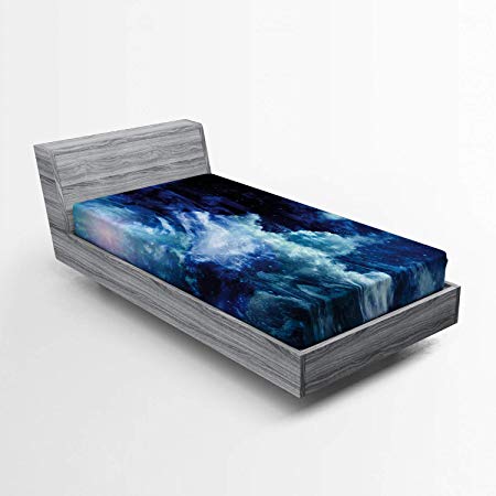 Ambesonne Space Fitted Sheet, Nebula Gas Cloud on Celestial Sphere Universe Themed Infinity Design Galaxy Art Print, Soft Decorative Fabric Bedding All-Round Elastic Pocket, Twin Size, Blue