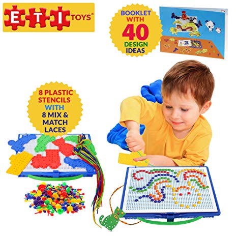 ETI Toys | 368 Piece Lace and Pegs with Board; Design Whale, House, Ship, Bridge, Elephant and More! 100% Non-Toxic, Fun, Creative Skills Development! Best Gift, Toy for 3, 4, 5 Year Old Boys and Girl