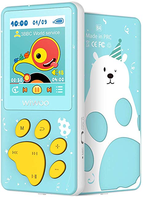 MP3 Player for Kids, Wiwoo Portable Cute Cartoon Music Player with FM Radio Video Puzzle Games Sleep Timer Voice Recorder, Child MP3 Player Support Up 128GB, Blue