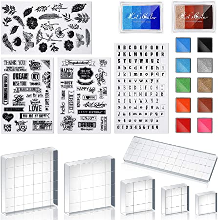 22 Pieces Acrylic Stamp Blocks Tools Set Include 6 Stamp Blocks Acrylic Stamping Clear Block, 4 Transparent Silicone Clear Stamps Seal, 12 Craft Ink Pad Stamp Pad for Scrapbooking Craft Card Making