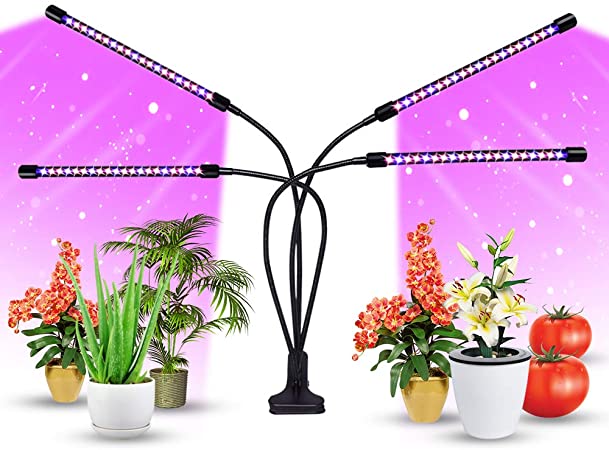 LED Grow Lights for Indoor Plants, 80W 4 Arms 10 Dimmable Level Clip-On Desk Growing Lamp for Seedling Blooming, with Red/Blue Spectrum Modes, Adjustable Gooseneck, 3 9 12H Timer, AC Adapter…