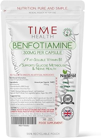 Time Health New: Benfotiamine - 300mg - Fat Soluble Vitamin B1 (Thiamine) - &gt;98% Purity - UK Made Supplement - GMP Standards - Zero Additives