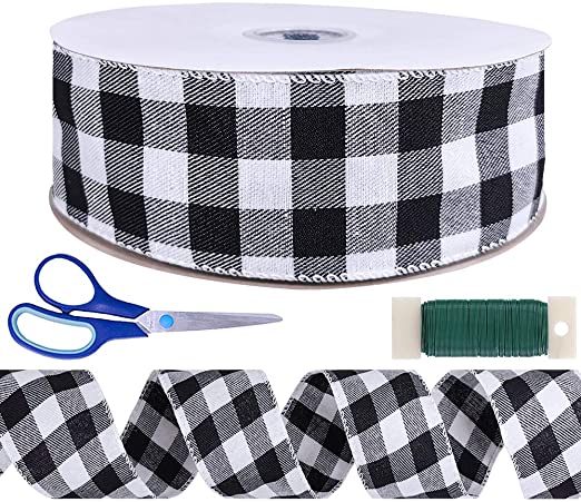 Winlyn 50 Yards Black and White Buffalo Check Plaid Wired Ribbon Gingham Ribbon 2.5" Wide for Christmas Tree Wreath Gift Wrapping Bows Crafts Floral Arrangement Festive Farmhouse Party Decoration