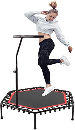 Mini Fitness Trampoline, Rebounder Trampoline with Adjustable Handrail and Safety Pad for Kids Adults Indoor Outdoor Workout Cardio Exercise
