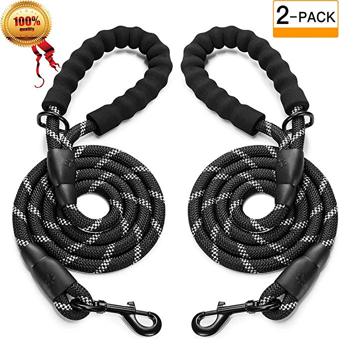 JBYAMUK 2 Pack 5 FT Strong Dog Leash with Comfortable Padded Handle and Highly Reflective Threads for Medium and Large Dogs (5-FT, Black~2 PACK)