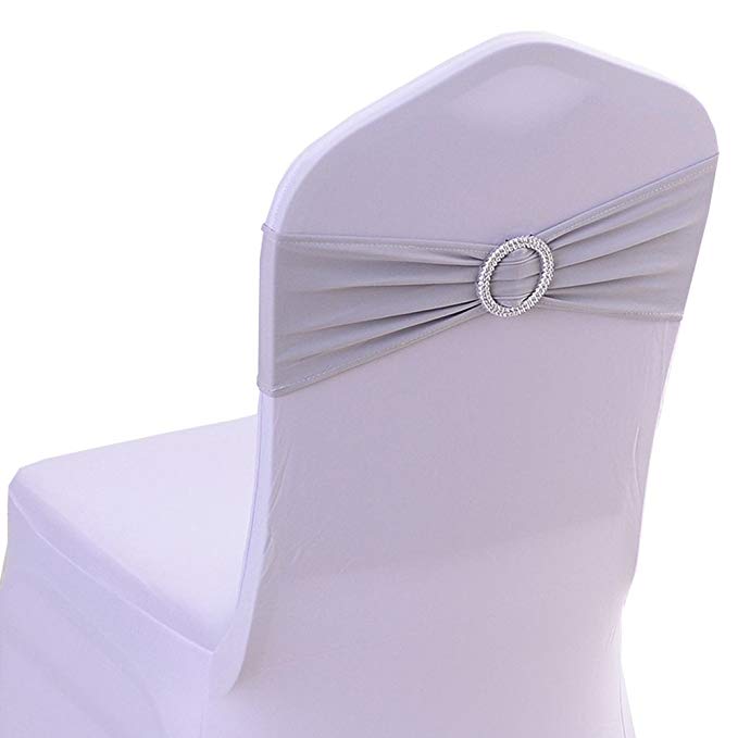 Spandex Chair Cover Stretch Band With Buckle Slider Sashes Bow Wedding Banquet Decoration 10PCS (Silver)