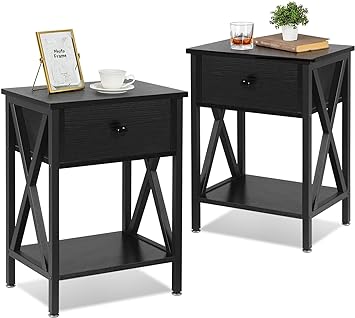 VECELO Night Stands Bedside End Table X-Design with Drawer&Storage Shelf for Living Room Bedroom, Set of 2, Classic Black