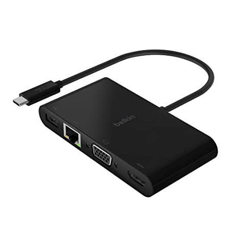 Belkin USB-C Multimedia   Charge Adapter (100W) with Tethered USB-C Cable - Interface Hub with USB-A 3.2 Gen Port, Ethernet Port, VGA Port, and 4K HDMI Port, with USB-C Pass Through Charge - Black