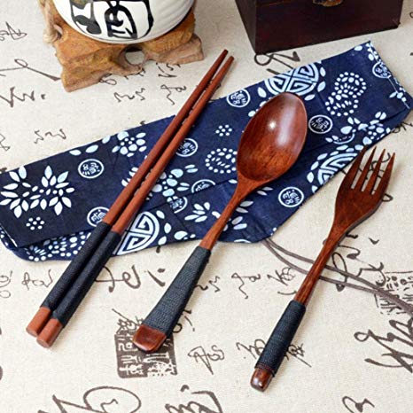 IGEMY Vintage Wooden Chopsticks Spoon Fork Tableware 3pcs Set New Gift (Brown)