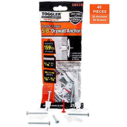 TOGGLER Toggle TC Commercial Drywall Anchor with Screws, Polypropylene, Made in US, 5/8" to 3/4" Grip Range, For #6 to #14 Fastener Sizes (Pack of 20)