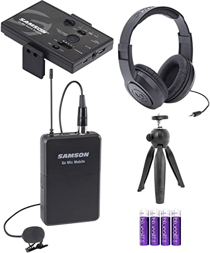 Samson Go Mic Mobile Professional Lavalier Wireless System Bundle with Table Top Camera Tripod, SR350 Over Ear Stereo Headphones, and Blucoil 4 AA Batteries