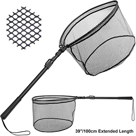 PLUSINNO Fishing Net Fish Landing Net, Foldable Collapsible Telescopic Pole Handle, Durable Nylon Material Mesh, Safe Fish Catching or Releasing