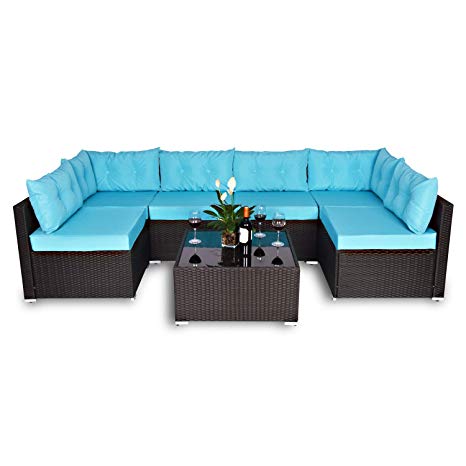 Amolife 7 Piece Outdoor Patio Furniture Sets,Garden Lawn Pool Backyard Wicker Rattan Sectional Conversation Sofa Set with Seat Cushion