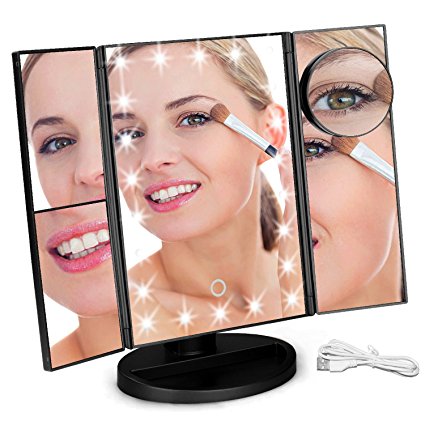 Aiskki Led Makeup Mirror Vanity Mirror Tri-Fold with 22 LED Lights 3X/2X/1X Magnification,180 Degree Free Rotation,Table Countertop Cosmetic Bathroom Mirror (Black)