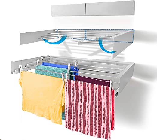 Step Up Laundry Drying Rack Airer - Wall Mounted - Retractable - Clothes Drying Rack Collapsible Folding Indoor or Outdoor – Space Saver Compact Sleek Design (White 100cm)