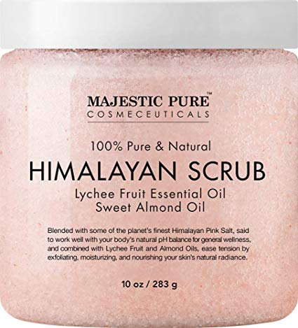 Majestic Pure Himalayan Salt Body Scrub with Lychee Essential Oil, All Natural Scrub to Exfoliate & Moisturize Skin, 10 Ounce (Pack of 1)