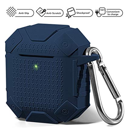 Airpods Case, GMYLE Silicone Luxury Heavy Duty Armor Defender Protective Shockproof Wireless Charging Airpod Cover Skin with Keychain Accessory kit Set Compatible for Apple AirPods 1 & 2, Navy Blue