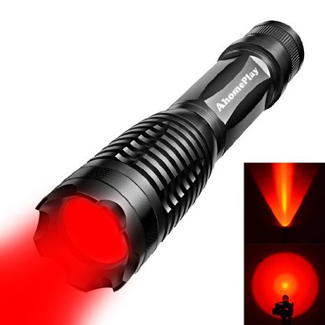 AhomePlay Waterproof Tactical Flashlight - CREE XP-G R5 LED, 300 Lumen, 5 Modes, Adjustable Focus, Rechargeable 18650 Battery and Charger Included - Red Light