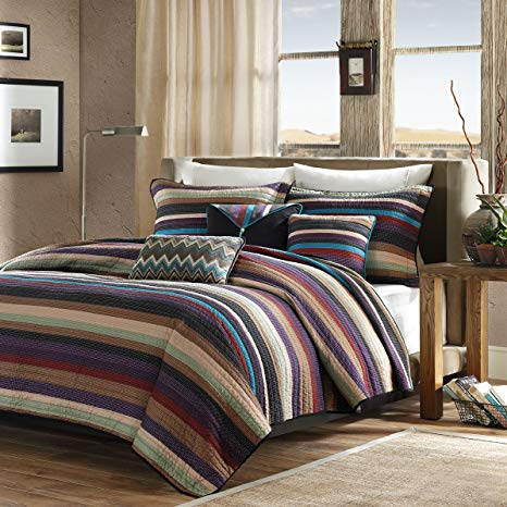 Madison Park Yosemite King/Cal King Size Quilt Bedding Set - Purple Yellow Teal, Striped – 6 Piece Bedding Quilt Coverlets – Cotton Bed Quilts Quilted Coverlet