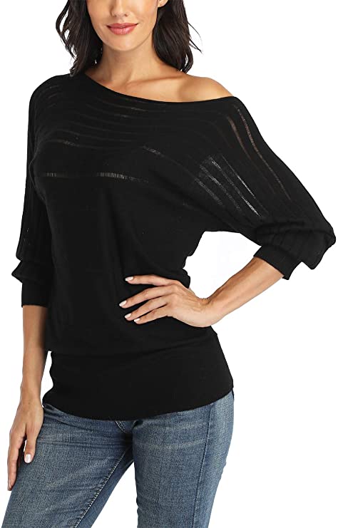 Dilgul Women's On Off One Shoulder Batwing Sleeve Semi-Sheer Sexy Elegant Sweater Knit Tops Pullover