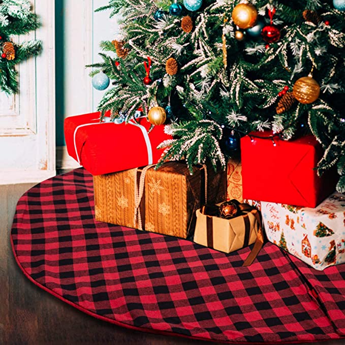 Christmas Tree Skirt Black and Red Buffalo Plaid Tree Skirt Christmas Decorations Double Layers Tree Skirt Ornaments for Xmas Holiday Party, 48 Inch Diameter