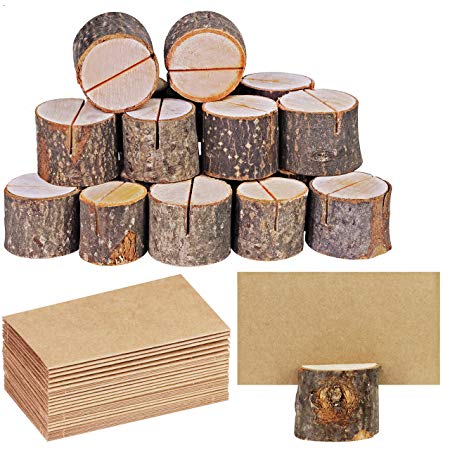 Supla 20 Pcs Rustic Wood Place Card Holders Circular Table Numbers Holder Stand Wooden Bark Memo Holder Card Photo Picture Note Clip Holders and Kraft Place Cards Bulk Wedding Party Table Number Sign