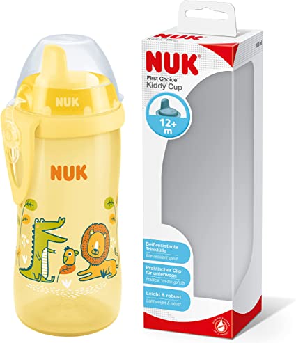 NUK Kiddy Cup Toddler Cup | 12  Months | 300 ml | Leak-Proof Toughened Spout | Clip & Protective Cap | BPA-Free | Yellow