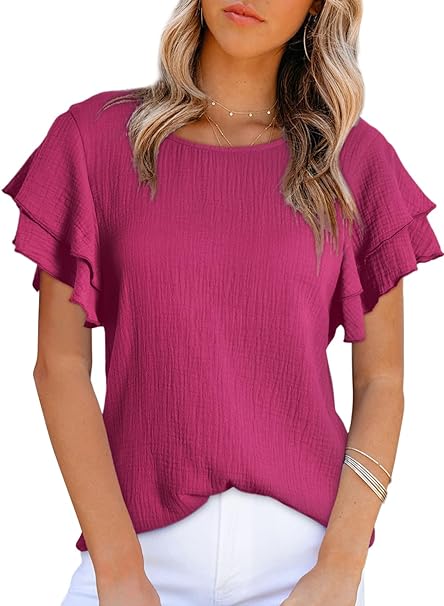 Dokotoo Womens Tops Ruffle Short Sleeve Crewneck Shirts Solid Casual Loose Babydoll Blouses