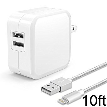 ONSON iPhone Charger,Dual USB Portable Travel Wall Charger,Foldable Plug with 10FT Long Lightning Cable Charging Cord for Apple iPhone 7/7 Plus/6S Plus/6/6 Plus/5/5S/5C/SE,iPad Pro/Air/mini(White)