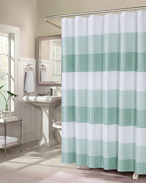 Dainty Home Waffle Weave Ombre Stripe Fabric Shower Curtain, 70 inch Wide x 72 inch Long, Spa Blue