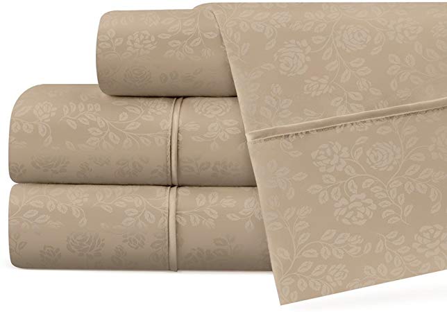 Beckham Hotel Collection Luxury Soft Brushed Microfiber 4-Piece Floral Embossed Sheet Set - Hypoallergenic & Stain Resistant with Embossed Floral Pattern  - California King - Taupe