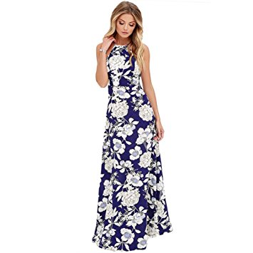 Hot Sale ! Beautiful Women Summer Boho Flowers Print Dress, Ninasill Exclusive Long Maxi Evening Party Dress Beach Dresses Sundress (S, Drak Blue)