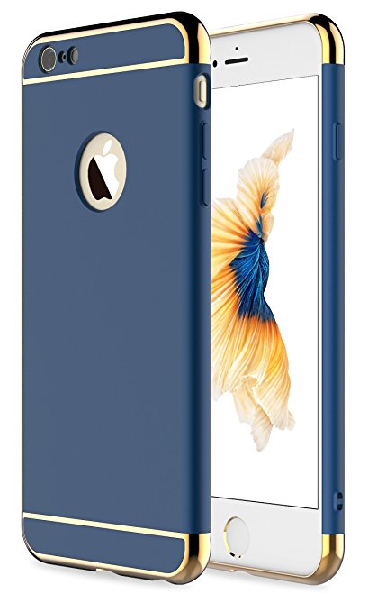 iPhone 6S Case, RORSOU 3 In 1 Ultra Thin and Slim Hard Case Coated Non Slip Matte Surface with Electroplate Frame for Apple iPhone 6 and iPhone 6S -- Blue and Gold