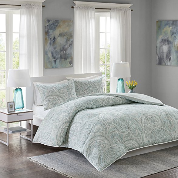 Comfort Spaces – Kashmir Mini Duvet Cover Set - 3 Piece - Paisley Pattern - Blue, Grey, - Full/Queen Size, includes 1 Duvet Cover, 2 Standard Shams