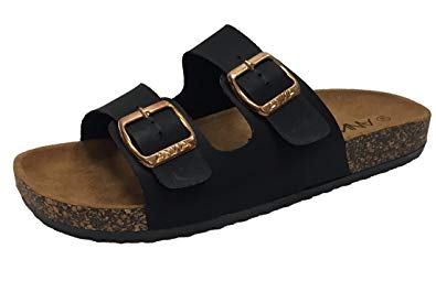 ANNA Womens Light Weight Cork Platform Double Buckles Slide Sandal