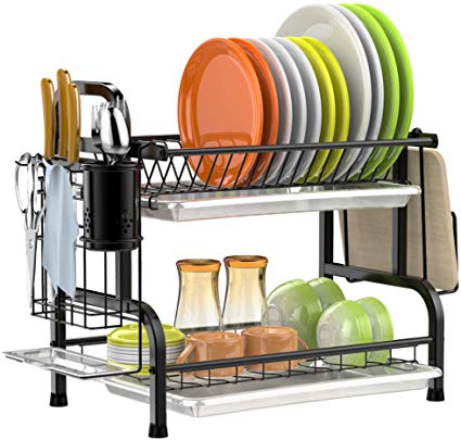 Dish Drying Rack, BuyAgain 2 Tier 304 Stainless Steel Dish Rack with Utensil Holder, Cutting Board Holder and Dish Drainer for Kitchen Counter, Black