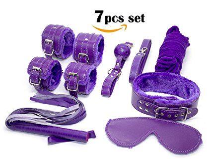 Sexysamba 7pcs Couple Bed Restraints Bondage Collection Love Cuff Bracelets Blindfold Mouth Gag Rope Flogger Set,Purple