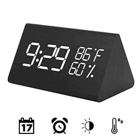 Wooden Digital Alarm Clock, Acoustic Control Digital LED Alarm Clock 3 Levels Adjustable Brightnesswith Time Temperature and Humidity