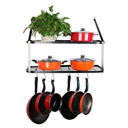 VDOMUS Shelf Pot Rack Wall Mounted Pan Hanging Racks 2 Tire, Black