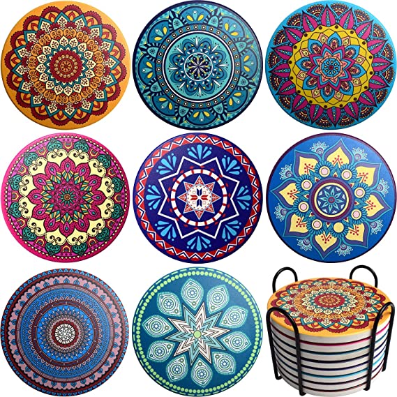 MYSIT Ceramic Coasters for Drinks Absorbent with Holder Set of 8, Funny Colorful Mandala Bohemian Coasters Sets with Cork Base for Wooden Table, Home Decor, Housewarming Gift Idea