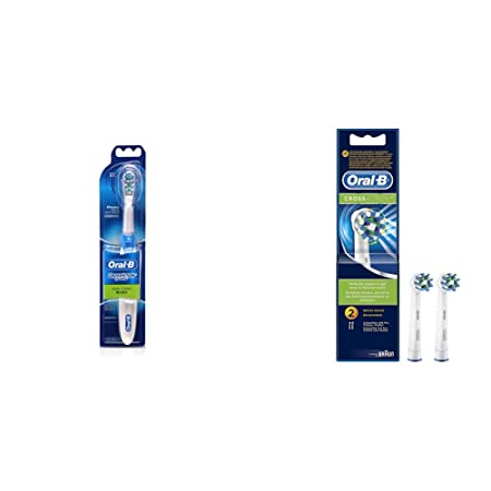 Oral B Cross Action Battery Powered Toothbrush & Oral B Cross Action Toothbrush Heads Pack Of 2 Replacement Refills For Electric Rechargeable - Oral Care Combo