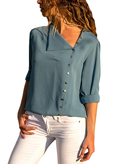 Dokotoo Womens Long Sleeve Button Detail Loose Fitting Chiffon Blouse Solid Tops (S-XXL)