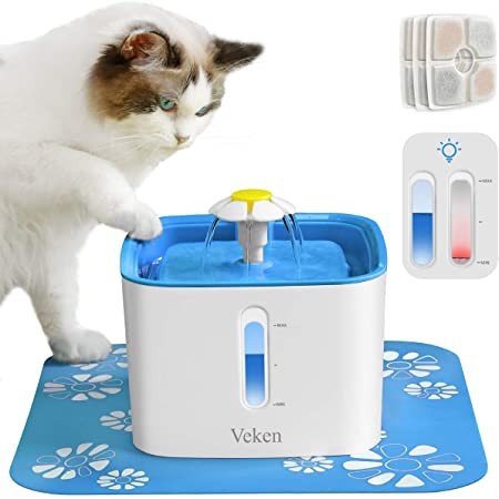 Veken Cat Water Fountain, 2.5L Automatic Pet Water Fountain Dog Water Dispenser with 3 Replacement Filters 1 Silicone Mat for Cats and Small to Medium Dogs