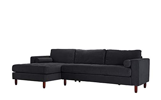 Divano Roma Furniture Mid-Century Modern Tufted Velvet Sectional Sofa, L-Shape Couch with Extra Wide Chaise Lounge (Black)