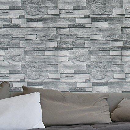 HaokHome 454003 Modern Faux Stone Wallpaper Roll Gray 3D Brick Realistic Paper Room Wall Decoration 20.8" x 393.7"