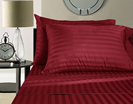 Addy Home Fashions  Egyptian Cotton 500 Thread Count Damask Stripe Sheet Set, Queen - Burgundy